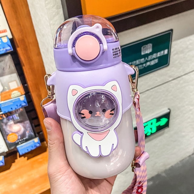 Taza Para Beber Con Pajita Blanda, Taza Para Sorber De Plástico Portátil, Botella De Agua Con Patrón De Dibujos Animados Con Correa