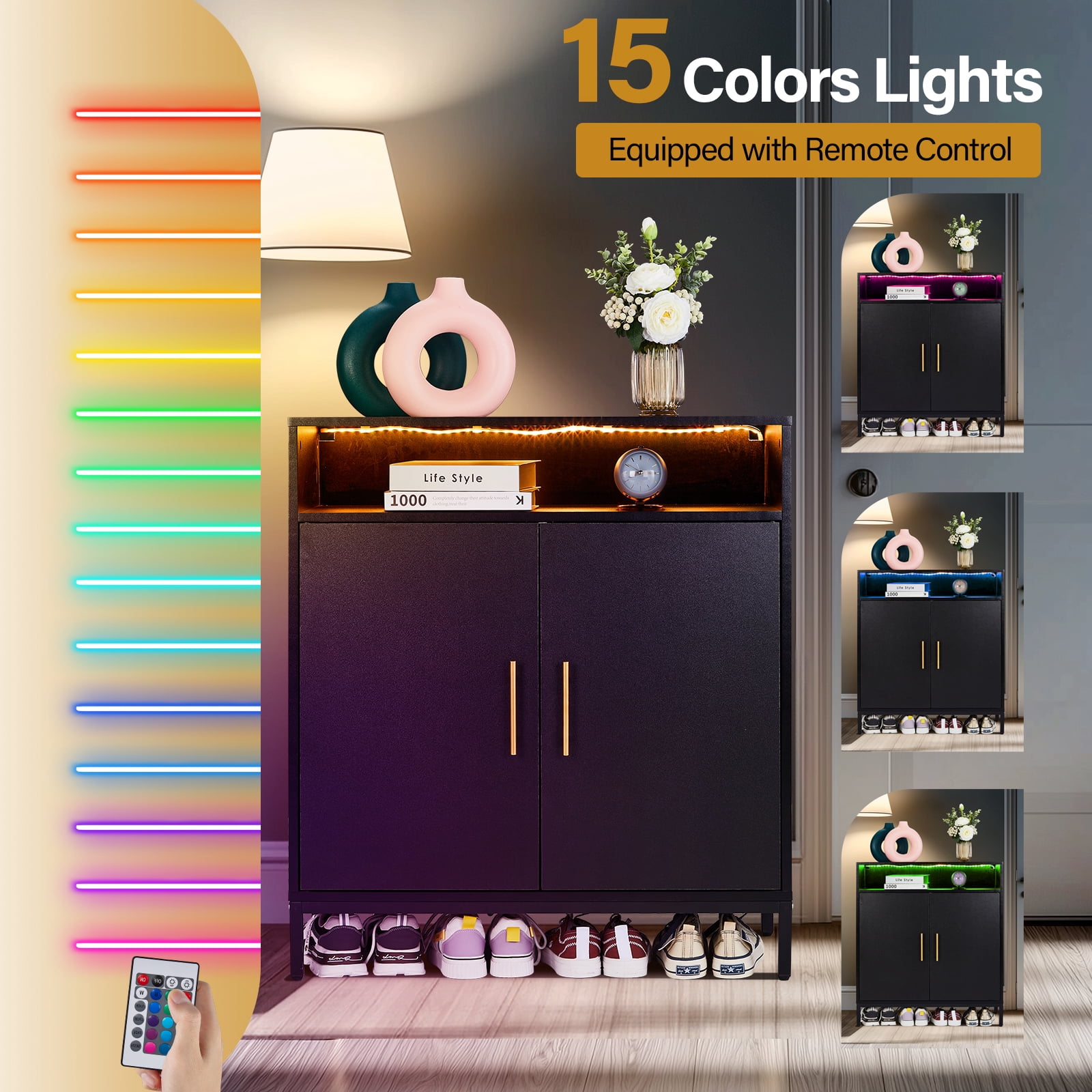 Dual Function Shoe Storage Cabinet with 6-Layer Adjustable Shelves LED Sensor Light Double Door High Foot Black Particle Board Home Organizer