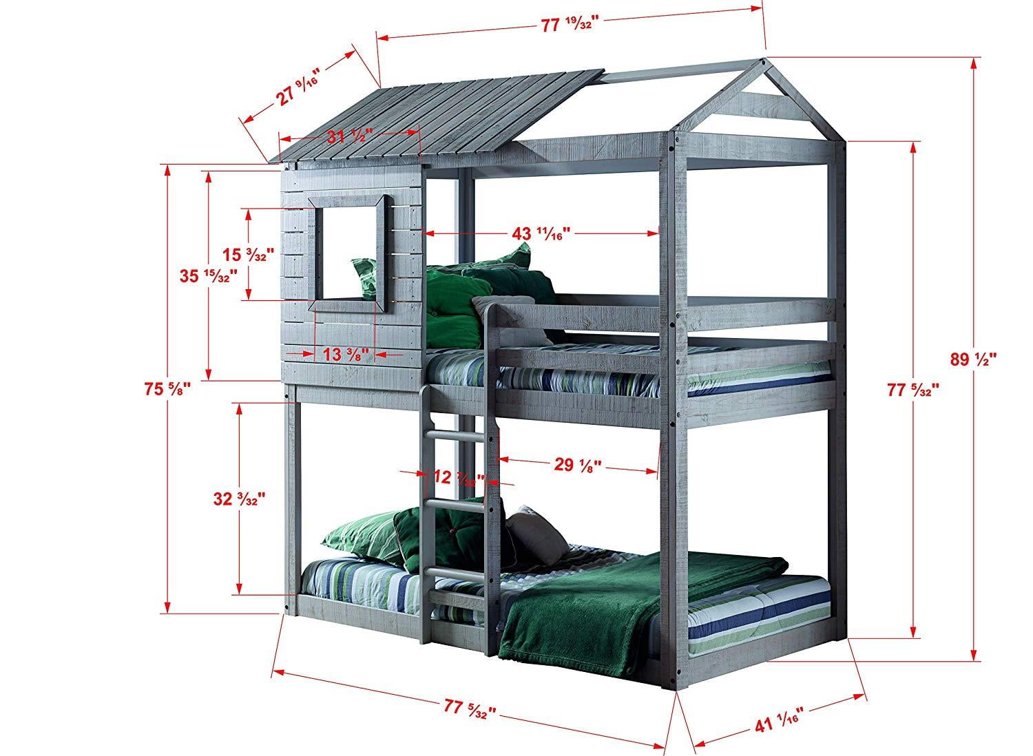 Donco Kids Deer Blind Child Wood Twin-over-Twin Bunk Bed with Roof and Slats Rustic Light Grey