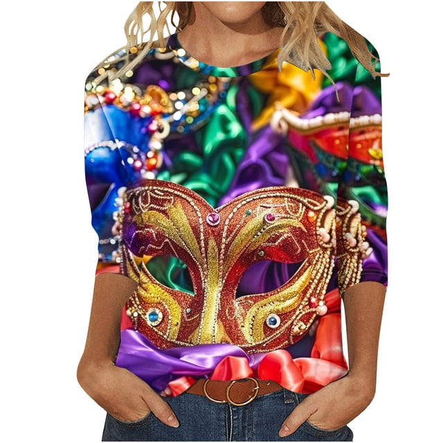 Penkiiy T-shirt Décontracté à Col Rond Manches 3/4 Mode Mardi Gras pour Femmes m Multicolore