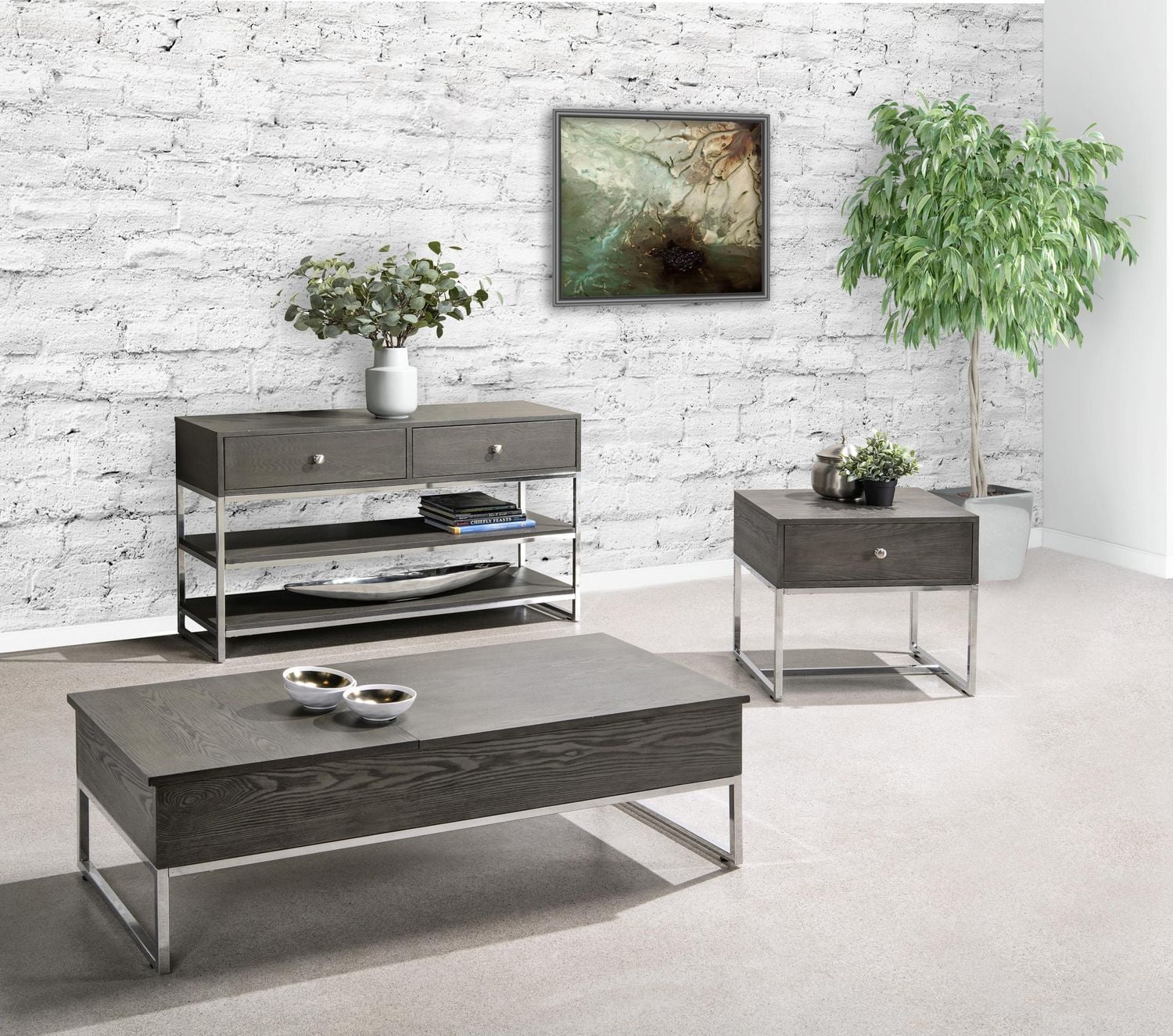 Topline Home Furnishings Grey Sofa with Drawers and Shelving