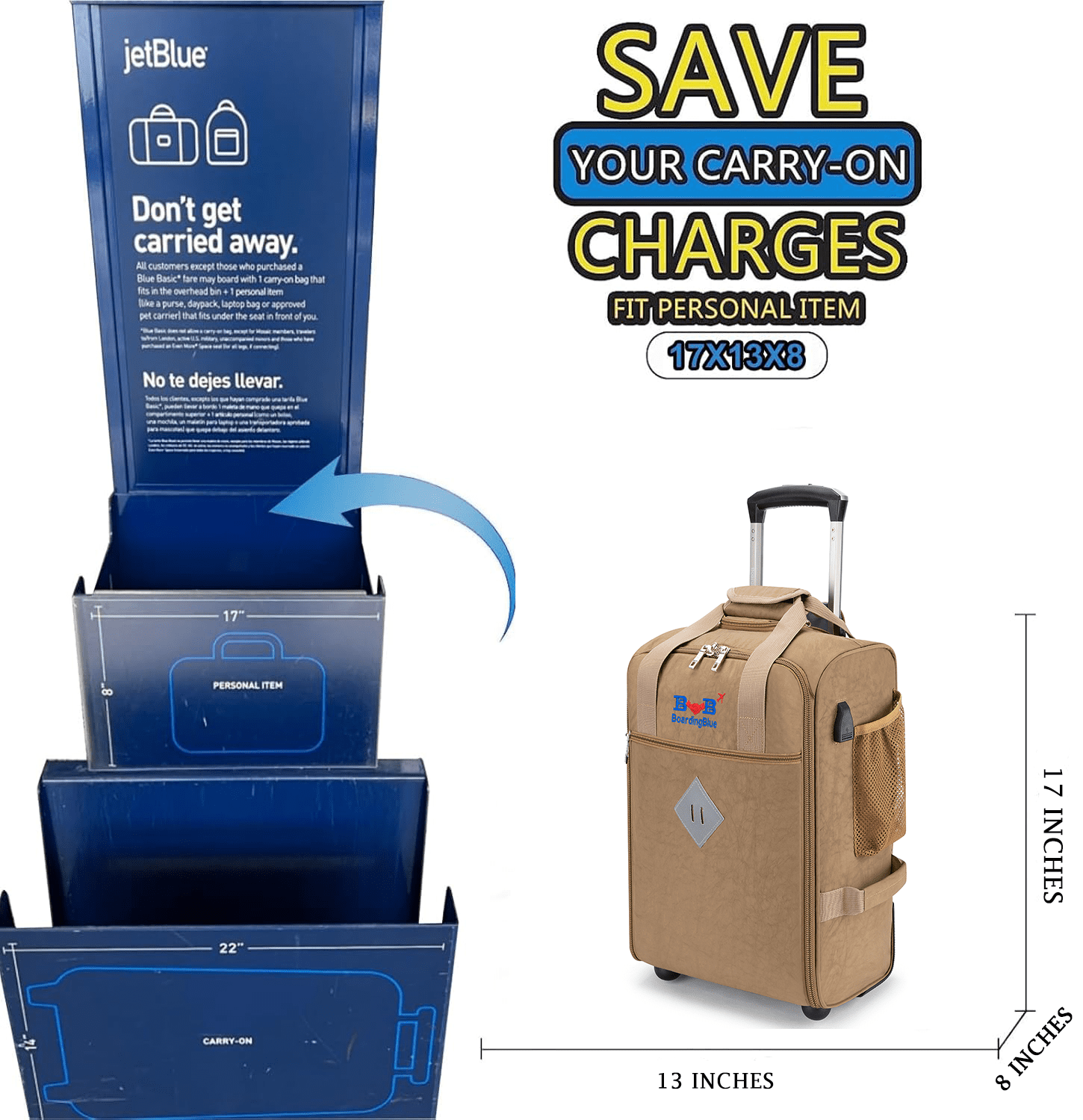 For JetBlue Airlines 17x13x8 Inches Rolling Personal Item Underseat Rolling Travel Bag - Suitable for Major Airlines including Spirit, Jetblue and Frontier- Duffel Bag Design (Beige)