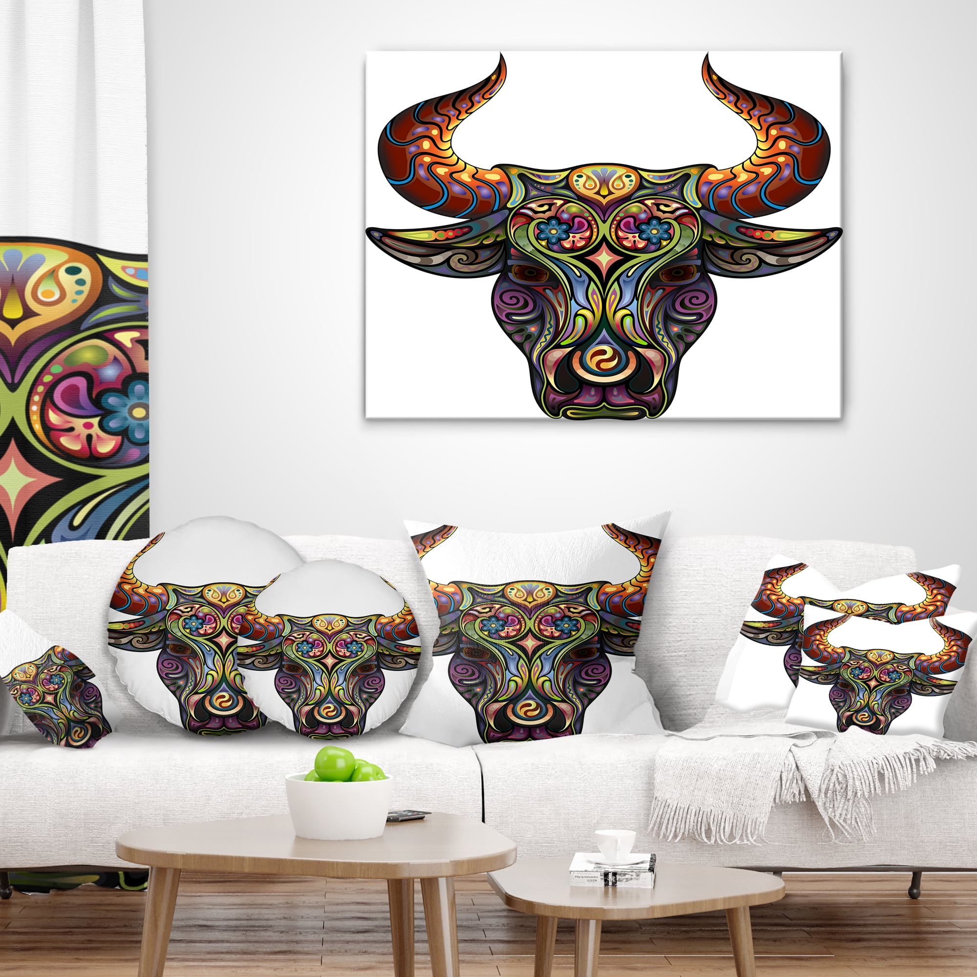 Designart Ornamental Bull - Animal Throw Pillow - 12x20