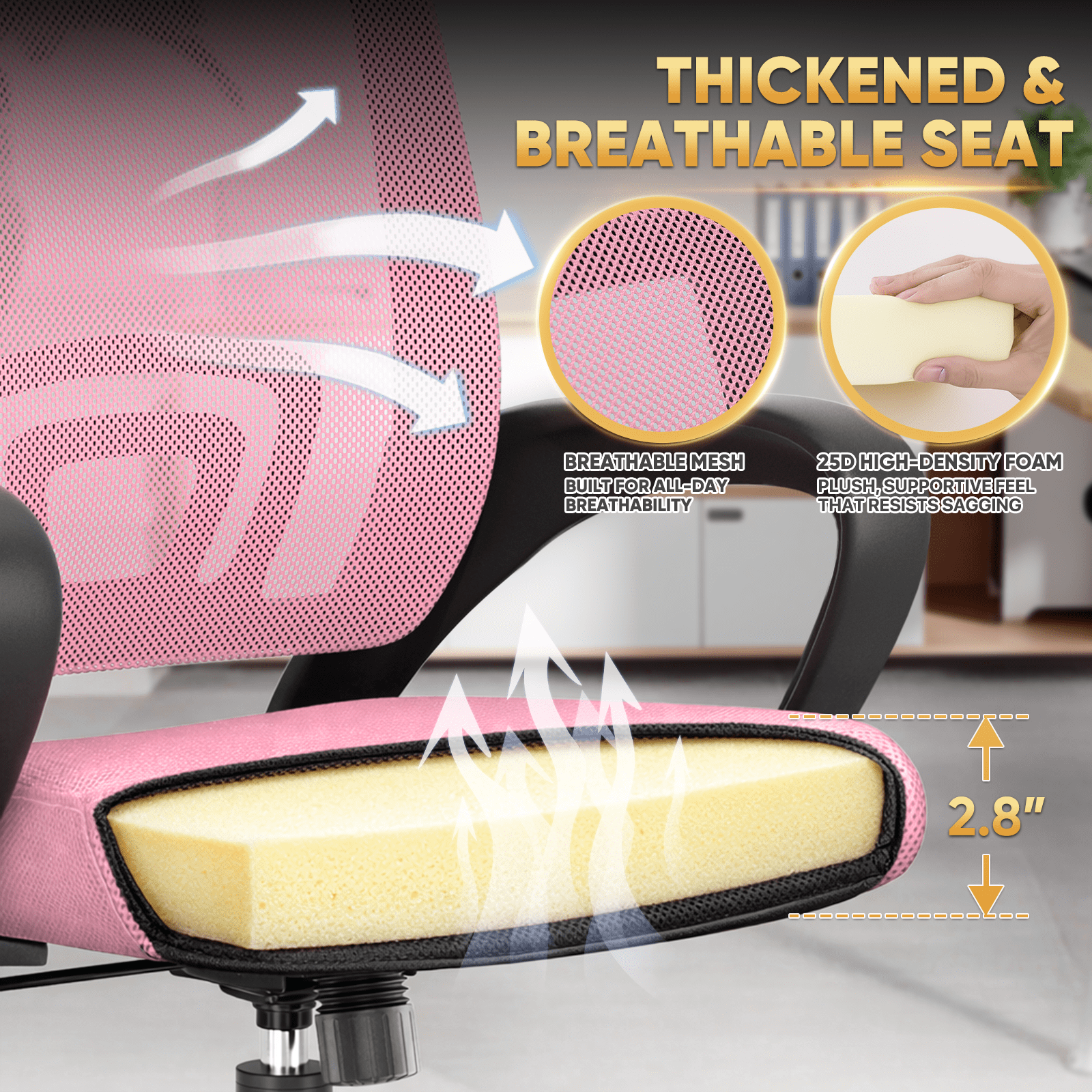 Magshion Mesh Office Chair Desk Chair, Mid Back Ergonomic Adjustable Height Rolling Swivel Computer Chair with Lumbar Support, Pink