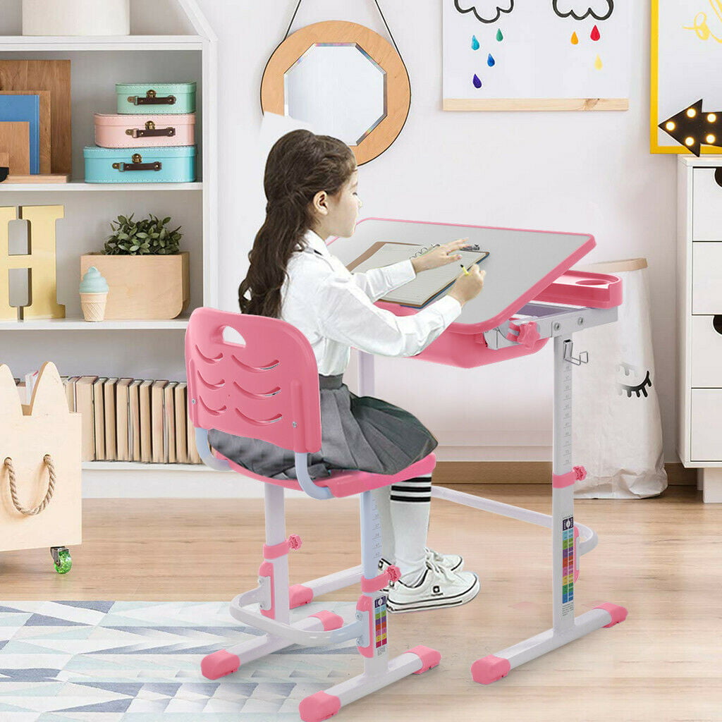Kids Desk and Chair Set Adjustable Height for School Bedroom with Drawer Bookstand Storage Study Table Multifunctional School Students Writing Drawing Desk,Pink