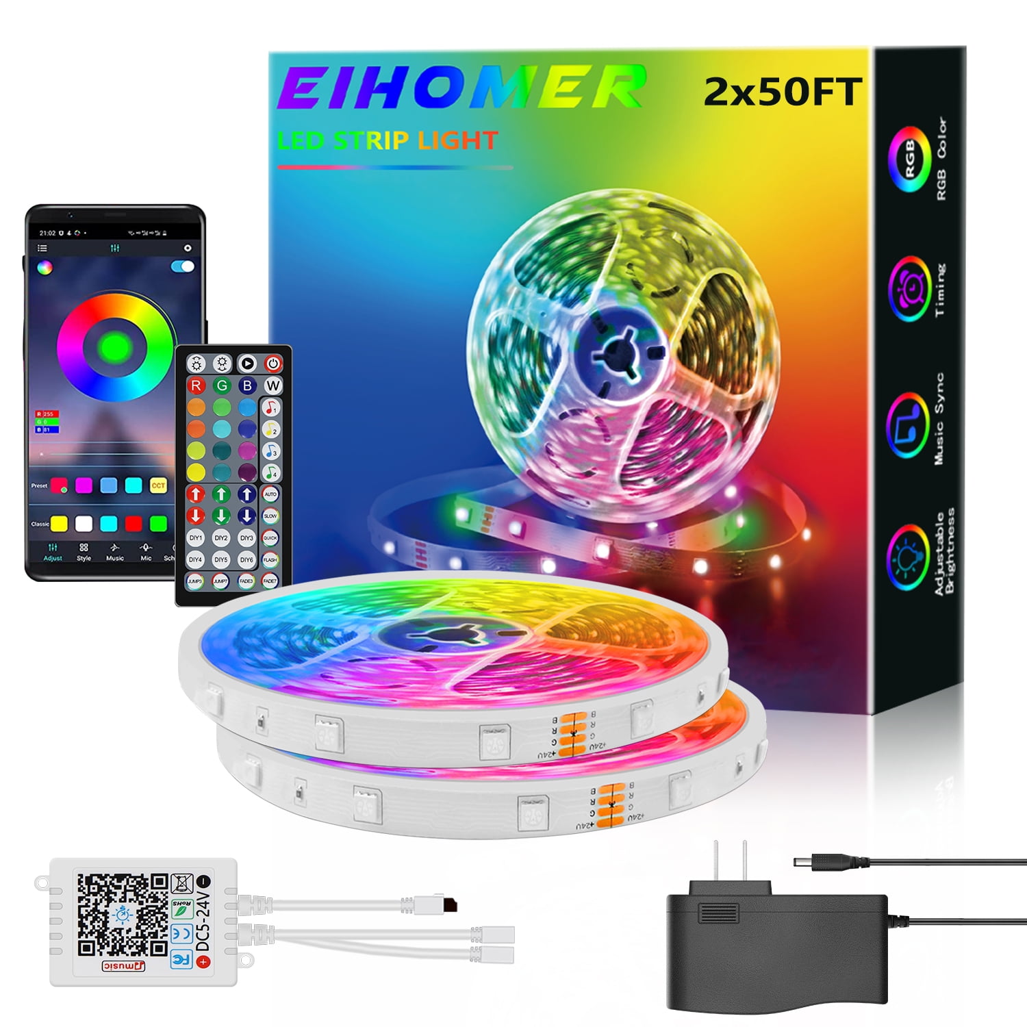 EIHOMER LED Strip Lights 100ft, 2 Rolls of 50ft Long Smart Led Strip