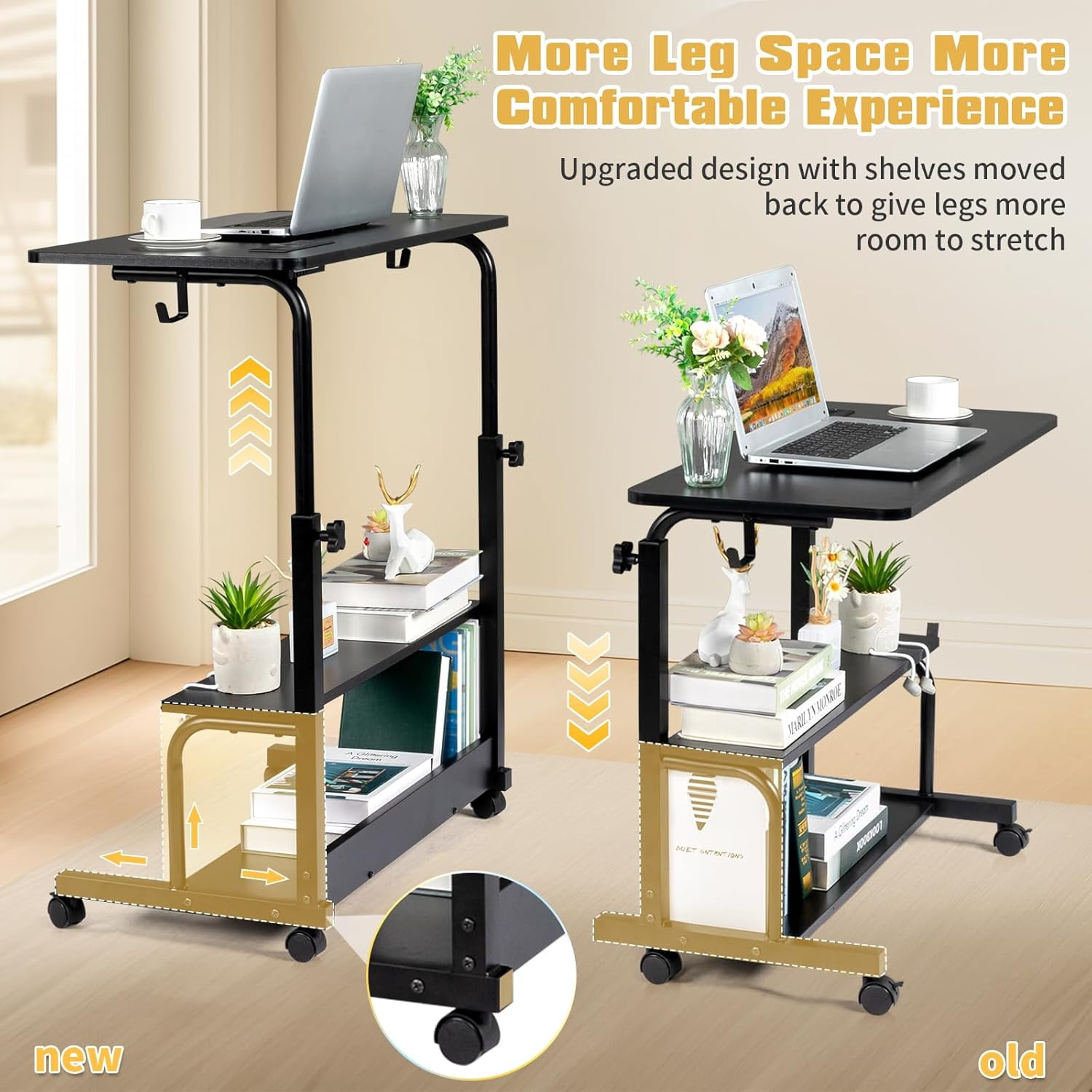JessieMal 31.5" Portable Rolling Desk on Wheels,Height Adjustable Standing Desk with 2 AC Outlets/3 USB Ports,Mobile Laptop Table with Hooks and Storage Shelves for Home Office，Black