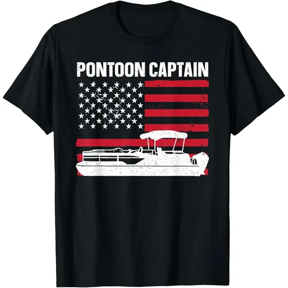 Distressed American Flag Pontoon Boat for Men Women Pontoon Captain Short Sleeve Graphic T-Shirt