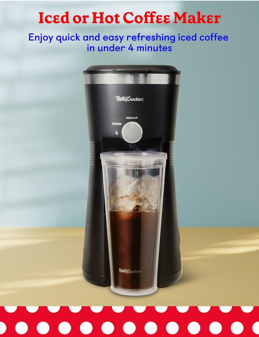 Betty Crocker Coffee Maker for Iced & Hot Brew, Brews in 4 Minutes, Compact Iced Coffee Machine with Chrome Accents, Reusable Filter, BPA-Free 20-Oz Tumbler & Straw, BC-4869B, Black