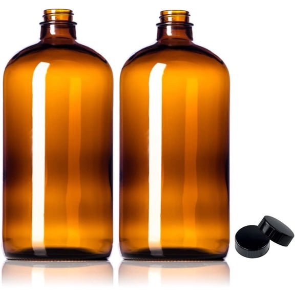 Liuging 32oz Amber Glass Bottles - 2 Pack with USA-Made Tight Seal Lids - Quart-Sized Brown Glass Growlers for Beer, Kombucha, and Juice Storage