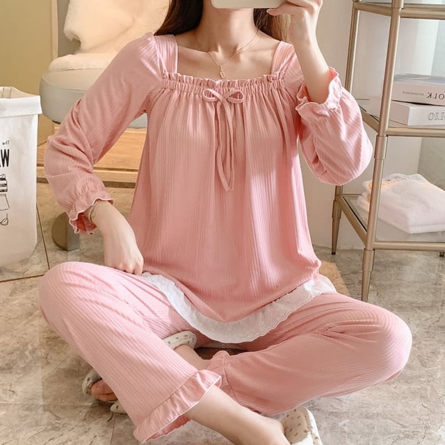 Pijama de primavera y otoño para mujer, cuello descubierto, manga larga, lazo, color sólido, dulce y lindo, traje para usar en casa