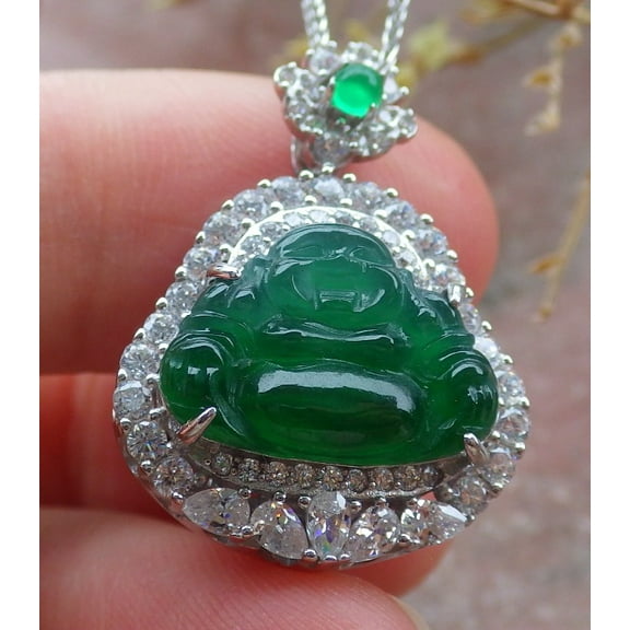 Icy Green Silver 925 Certified Burma Natural A JADE Jadeite pendant Happy Buddha God Necklace 651867 TN
