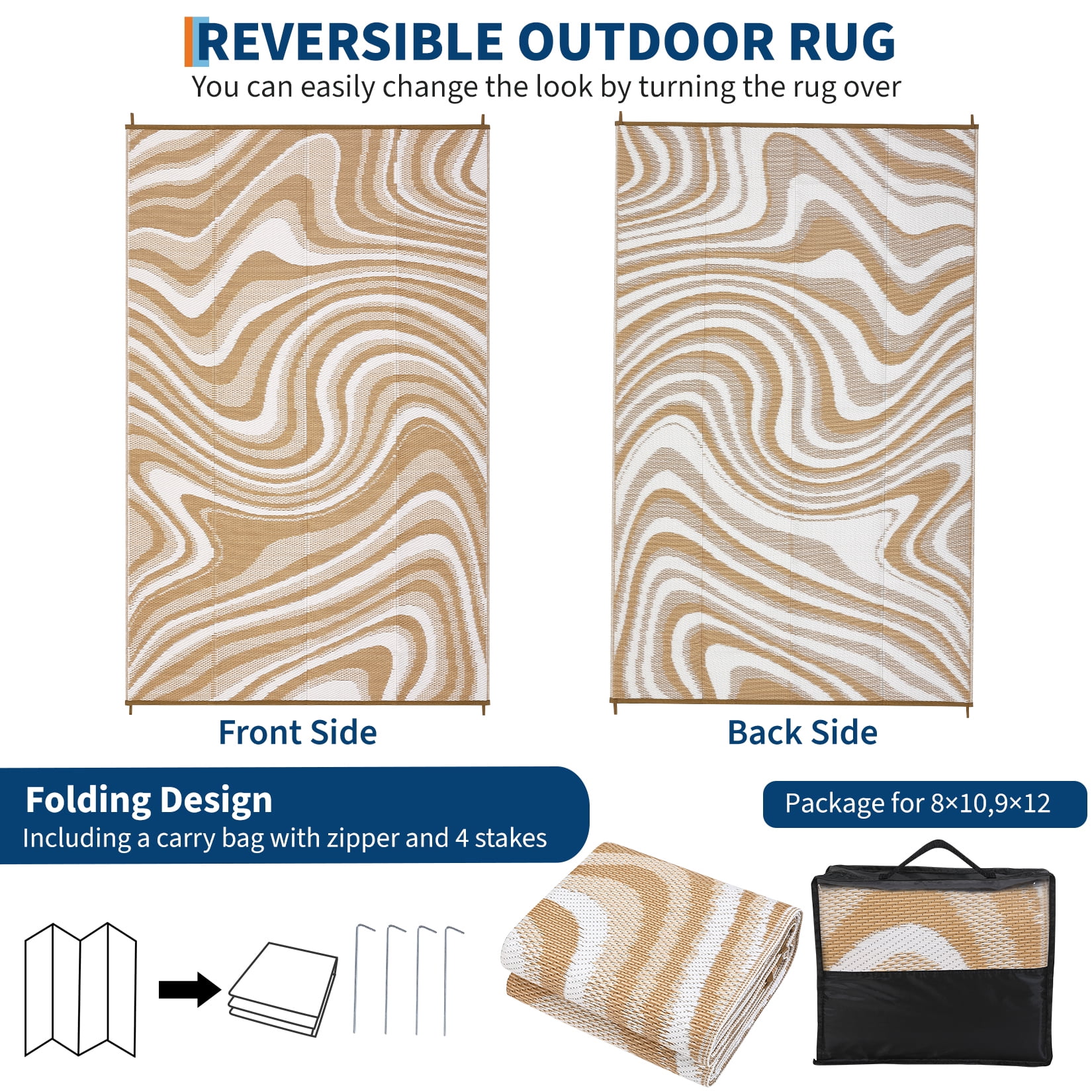 Hasoo 10' x 14' Brown/White Outdoor Rug for Patio Decor Waterproof Plastic Straw Modern Geometric Carpet PP Tube Woven Portable Camping Mat for Picnic Balcony
