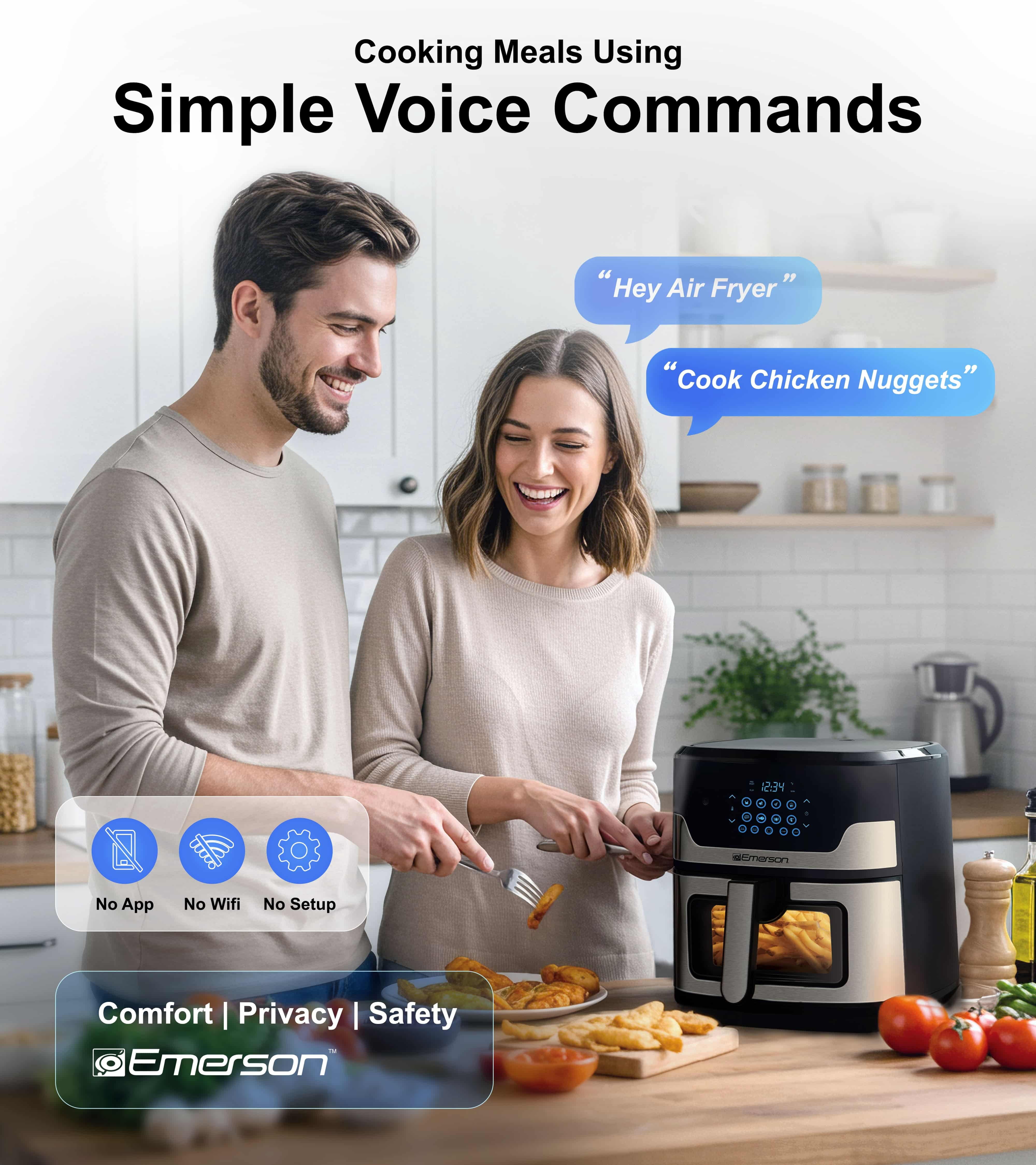 Emerson SmartVoice 5.3QT 6-in-1 Air Fryer, 1K+ Voice Control Commands, 100+ Recognized Food, No APP, No WIFI, Air Fry, Bake, Reheat, Dehydrate, 1500W