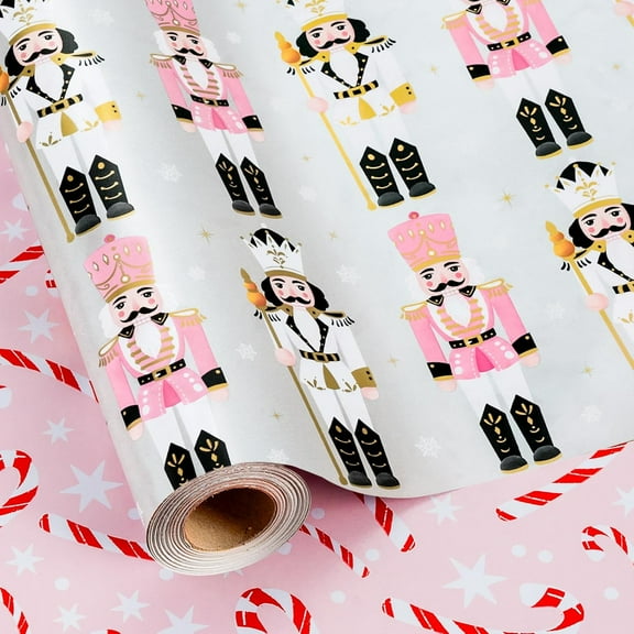Christmas Nutcracker Wrapping Paper Roll, 17 Inch x 33 Feet Gift Wrapping Paper Featuring Luxury Pearly-Lustre Nutcracker & Candy Cane Pattern Christmas Gift Wrap for Holiday New Year Kids