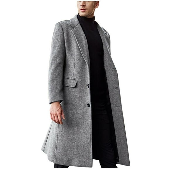 JWZUY Mens Trench Coat Wool Blend Top Shawl Neck Pea Coat Winter Long Single Breasted Classic Stylish Business Overcoat Gray S