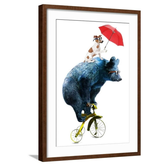Art.com Animal Illustration / Bear Cycle/Circus Show Illustration. Performance of the Bear on Bike/Hand Dra Art Print by StudioLondon, Brown Frame Wall Art, 21" x 29"