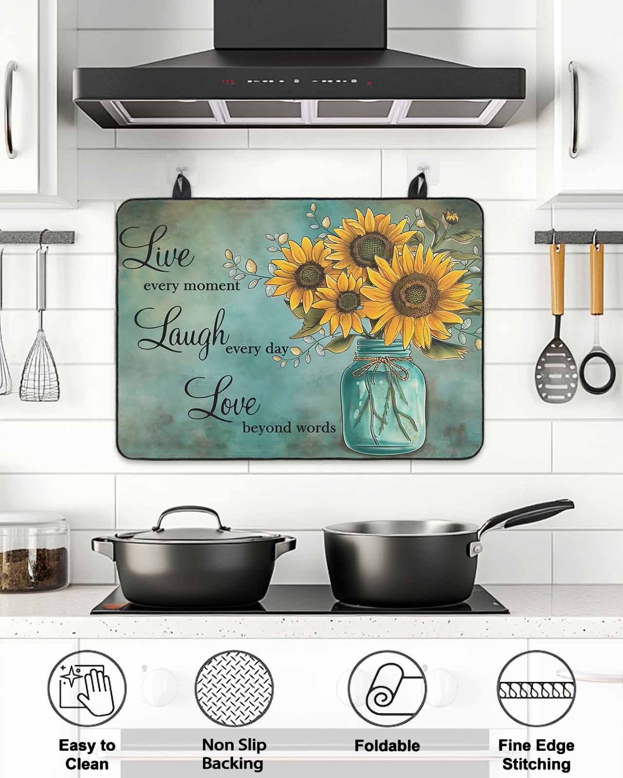 Stove Top Covers for Electric Stove, Vintage Sunflower Glass Stovetop Cover Protector, Teal Retro Summer Botanical Floral Induction Cooktop Protector Oven Mat for Kitchen Countertop 24"x21"