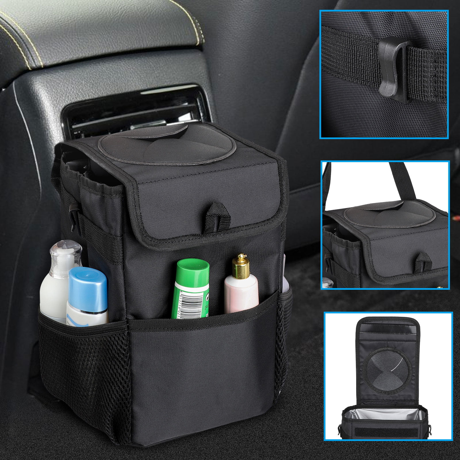 Leak-Proof Car Garbage Can with Storage Pockets, Knodel Car Trash Can with Lid 