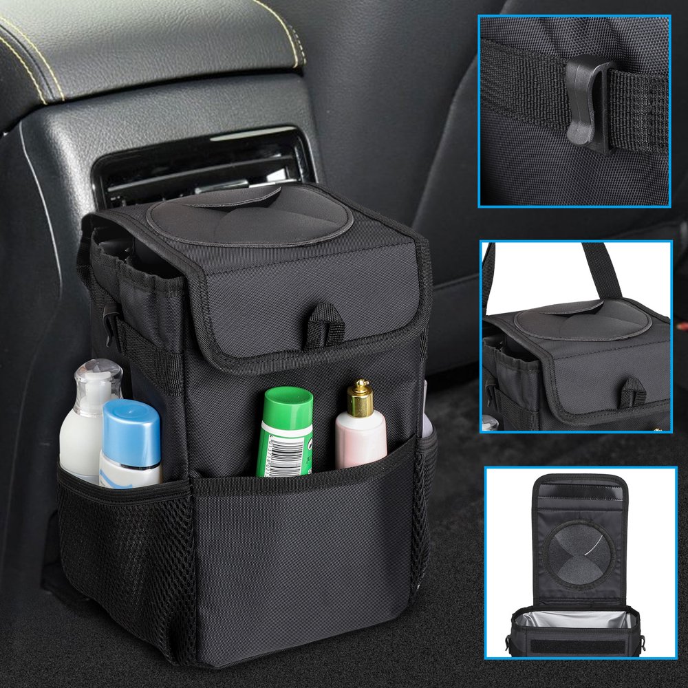 Car Trash Can with Lid,Car Trash Bag Hanging with Storage Pockets