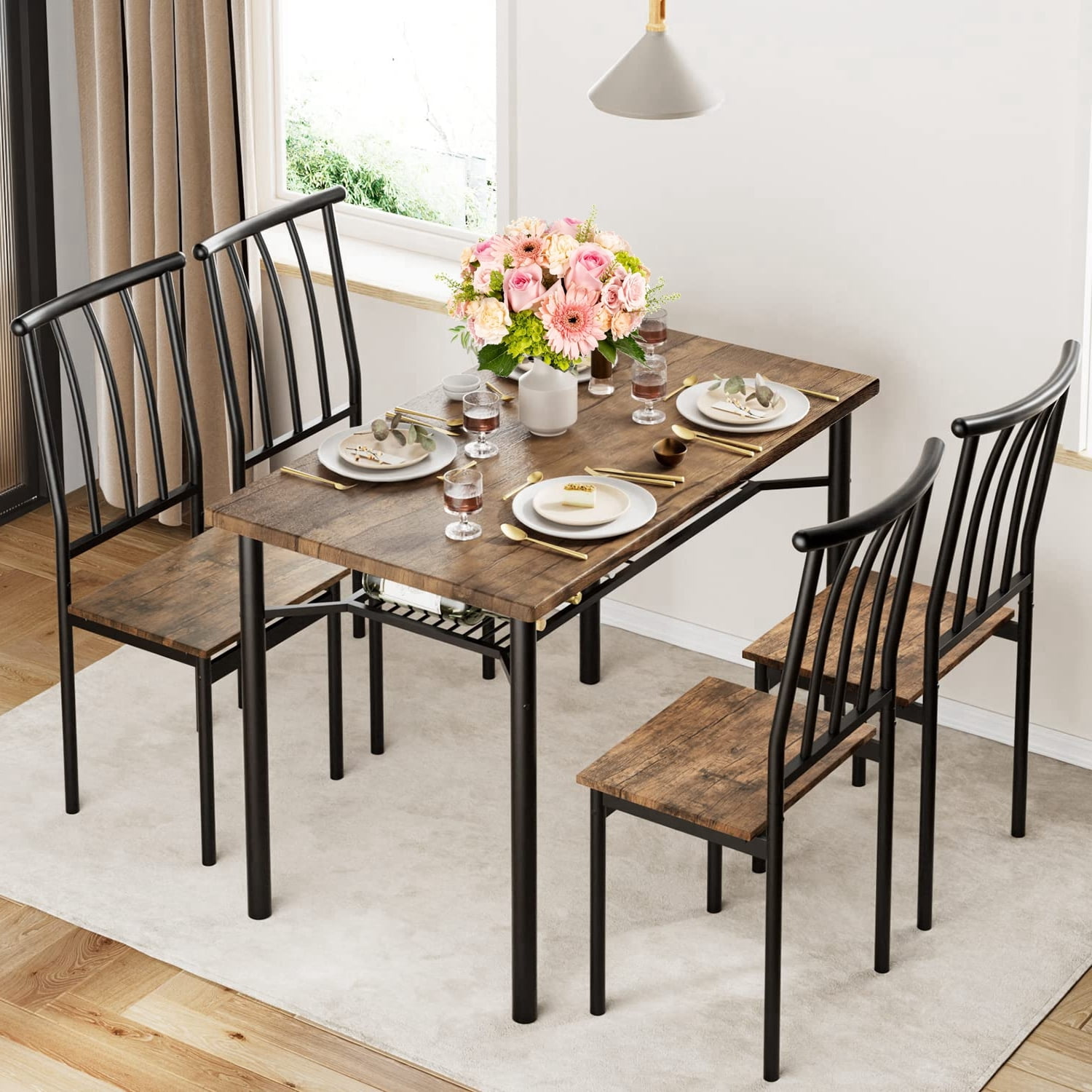 Soonbuy 5 Piece Dining Table Set with Wine Rack,Rusitc Brown - Walmart.com