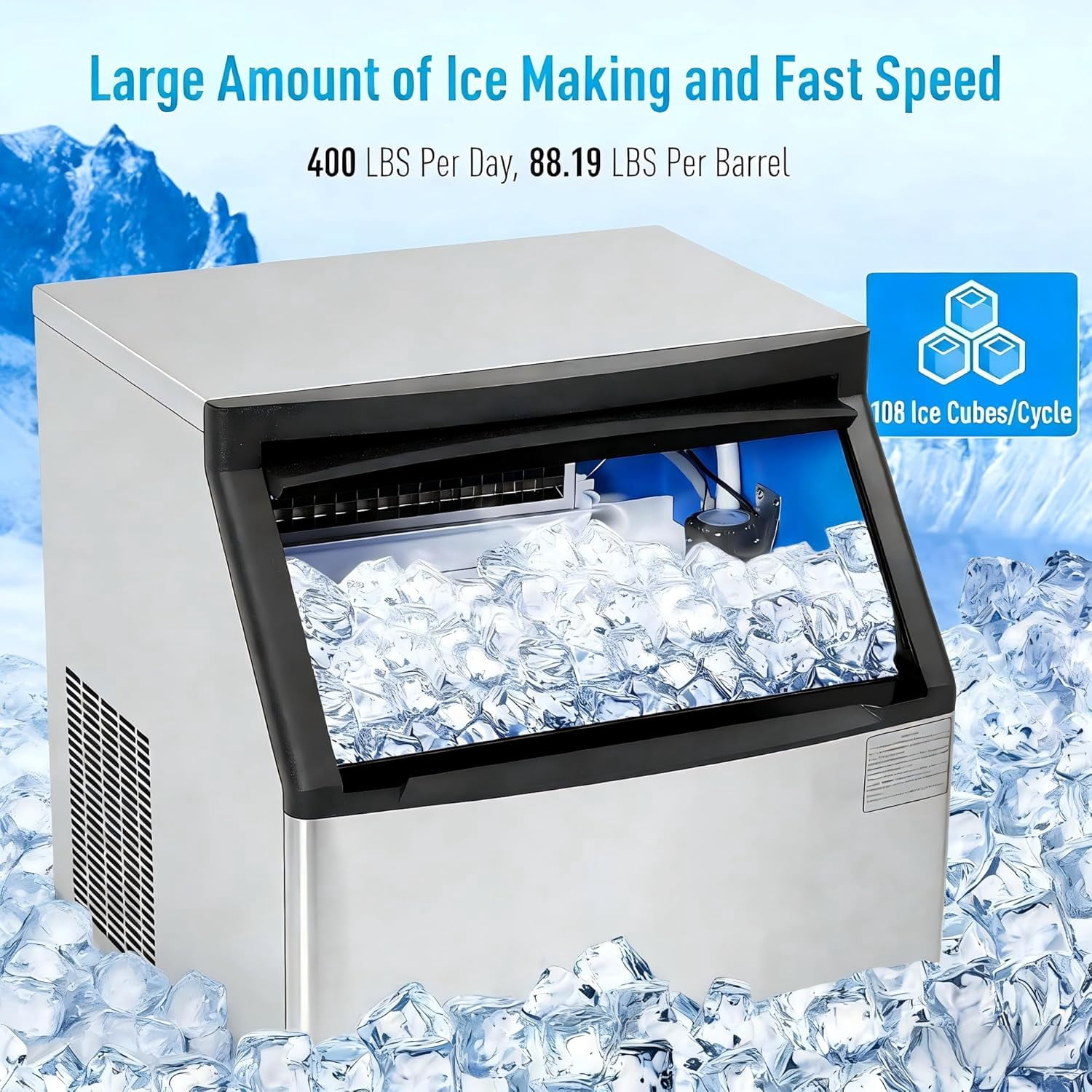 YUSAZENS 400LBS/24H Commercial Ice Maker, Stainless Steel Freestanding & Under Counter Ice Machine with 88.19LBS Storage, for Home Bar, Restaurant, Cafe