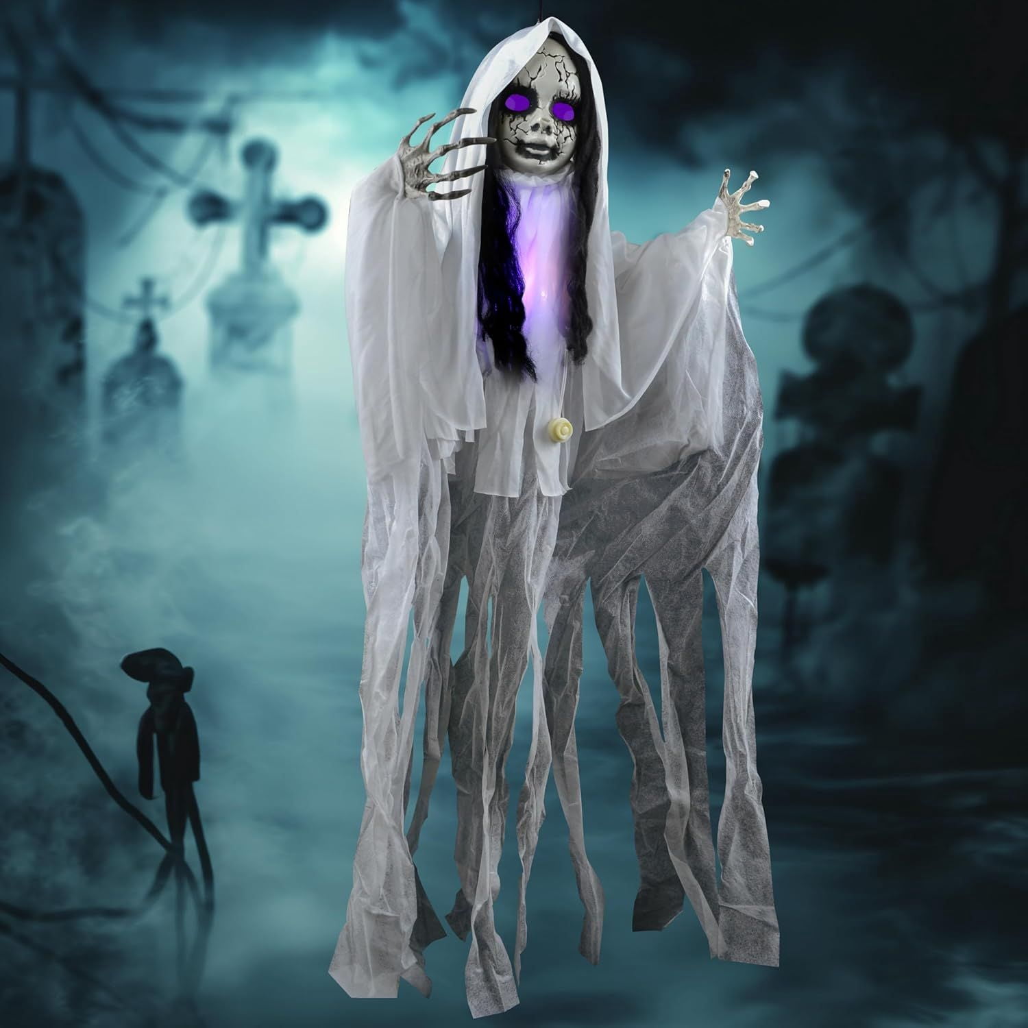 43 Inch Hanging Girl Ghost Halloween Decoration, Creepy Hollow Head Prop with Flashing Purple Lights on Head & Body, Battery Operated Latex Fabric Ghost Decor for Yard Haunted House Party