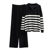 Annhoo 2 Piece Knit Outfits for Women Fall Lapel Long Sleeve Striped Tops and Straight Leg Trousers Comfy Sets