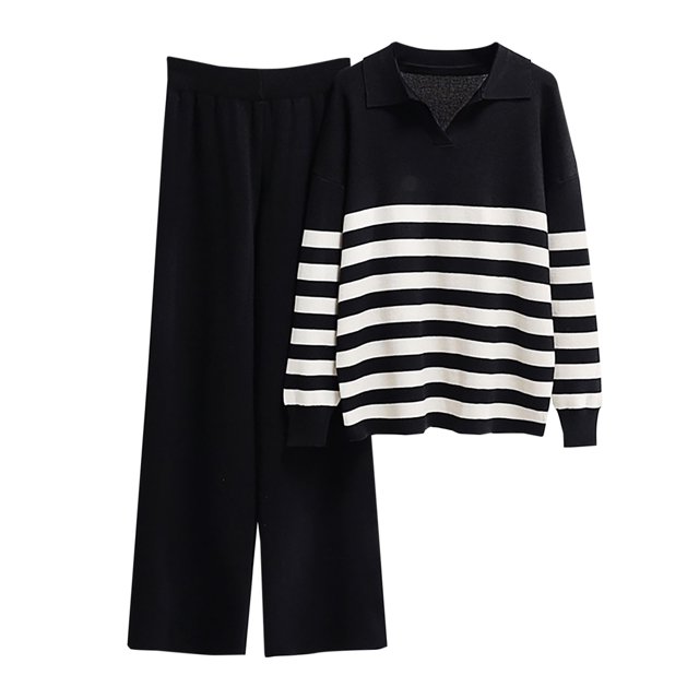 Yuyuzo Womens Ribble Knit Fall 2 Piece Sets Long Sleeve Lapel V Neck Shirts with Straight Leg High Waisted Pants