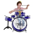 thumbnail image 3 of Products 5-Piece Kids Beginner All Wood Junior Size Drum Set, Percussion Instrument Starter Kit w/Stool, Drumsticks, Toms, Snare, Hi Hat, Cymbal - Blue, 3 of 9