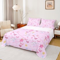 Castle Fairy Kawaii Princess Castle Girl Full Size Sheets 4-Piece,Pink Crystal Butterflies Breathable Bed Sheets,Starry Sky Lightweight Sheet Sets,Breathable Home Decor
