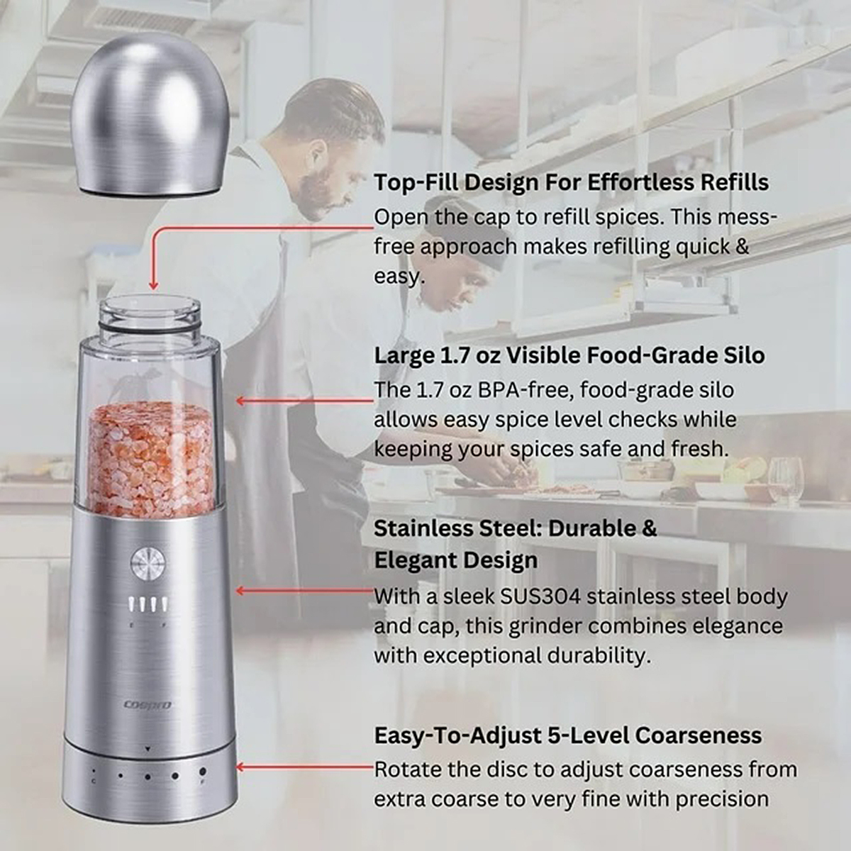 COSPRO 2-in-1 Wireless Charging Salt and Pepper Grinder Set, Stainless Steel Spice Grinder Rechargeable Automatic Pepper Mills, Adjustable Coarseness, One-Hand Operation