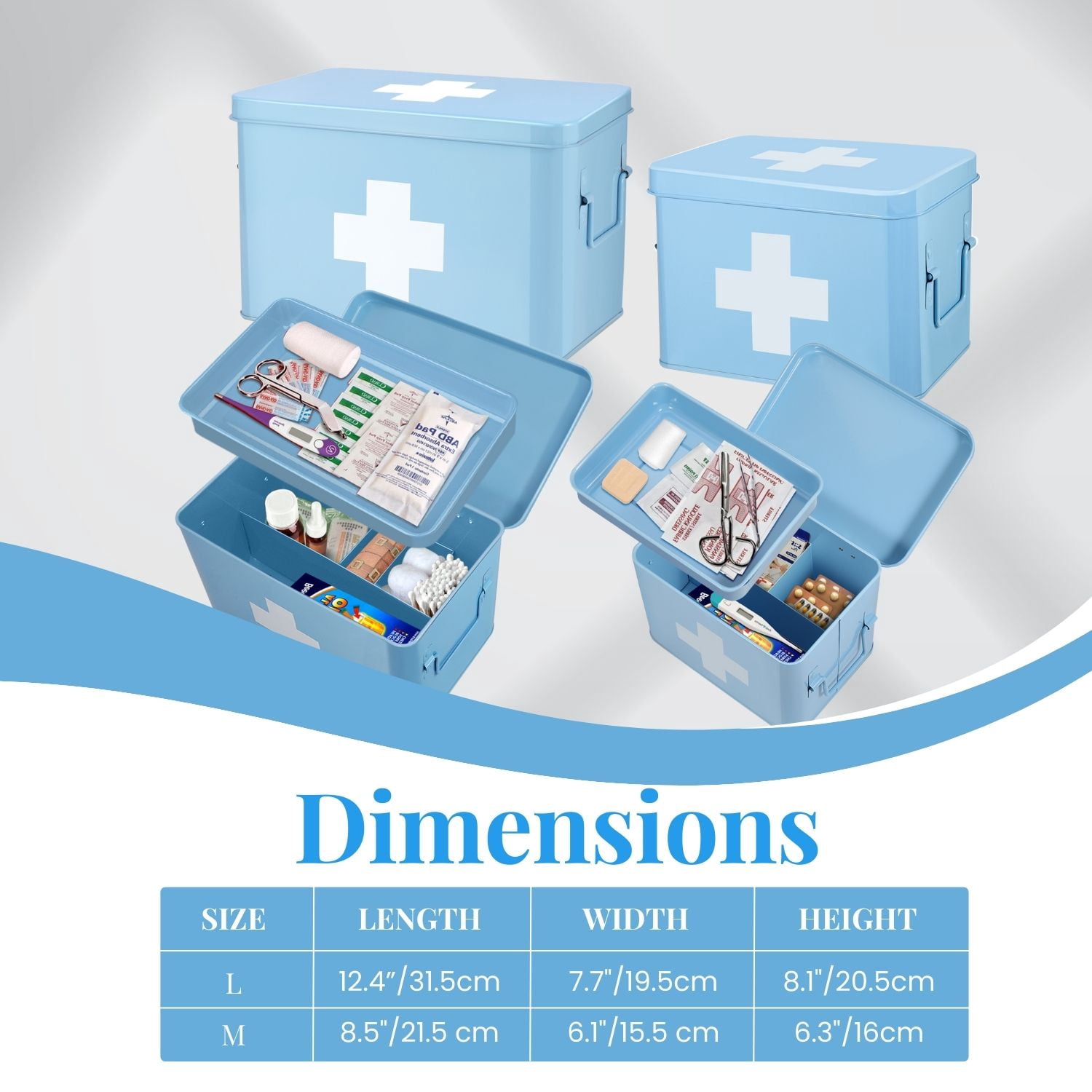 First Aid Medicine Box Supplies Kit Organizer - 8.6" Blue Metal Tin Medic Bin Hard Case with Removable Tray, Handle, Storage Compartment, Vintage Antique Empty Boxes for Home Family Emergency Tool
