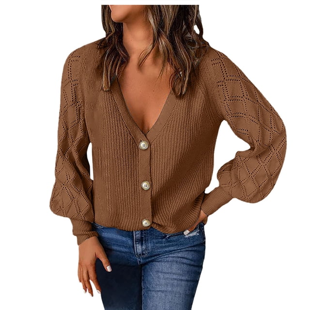 TINZ Women's Fall Solid Color Check Sleeve Sweater Coat Women's Loose Cardigan Sweater Front Open Coat Heart Print Cardigan Knit Jackets for Women Open Front