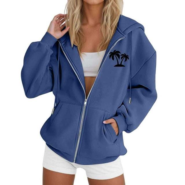 Women's Tree Print Zip Up Hooded Sweatshirt Casual Long Sleeve Drawstring Jacket with Full Zipper Comfortable Pullover Tops