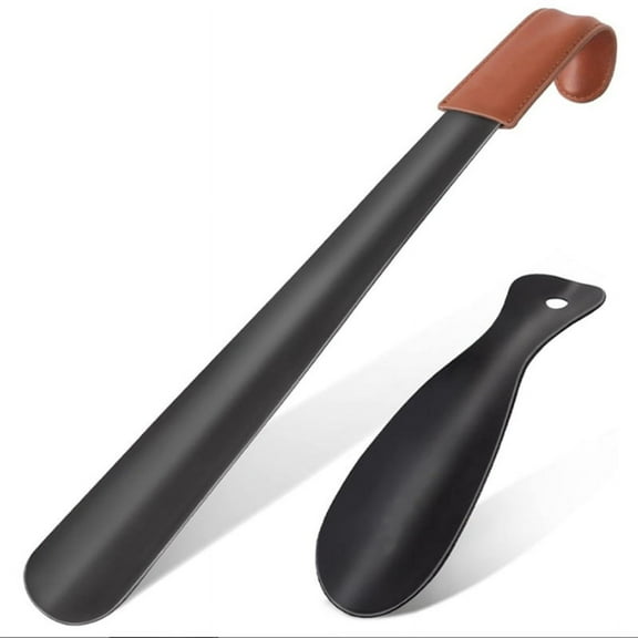 Leather Shoe Horn Set Black Shoe Horn Counter Shoe Horn,Set of 2 Metal Shoe Horn Handle for Seniors,1 x Short black shoe horn 19cm 1 x long brown leather case black 42CM,Black