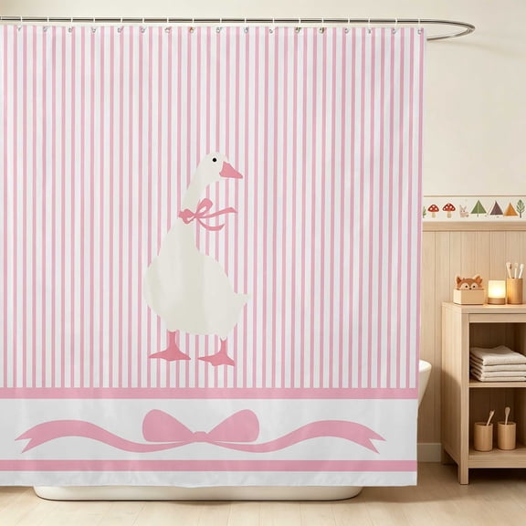 Erosebridal Goose Shower Curtain 72Wx72L for Girls, Pink Stripes Waterproof Bathroom Curtain