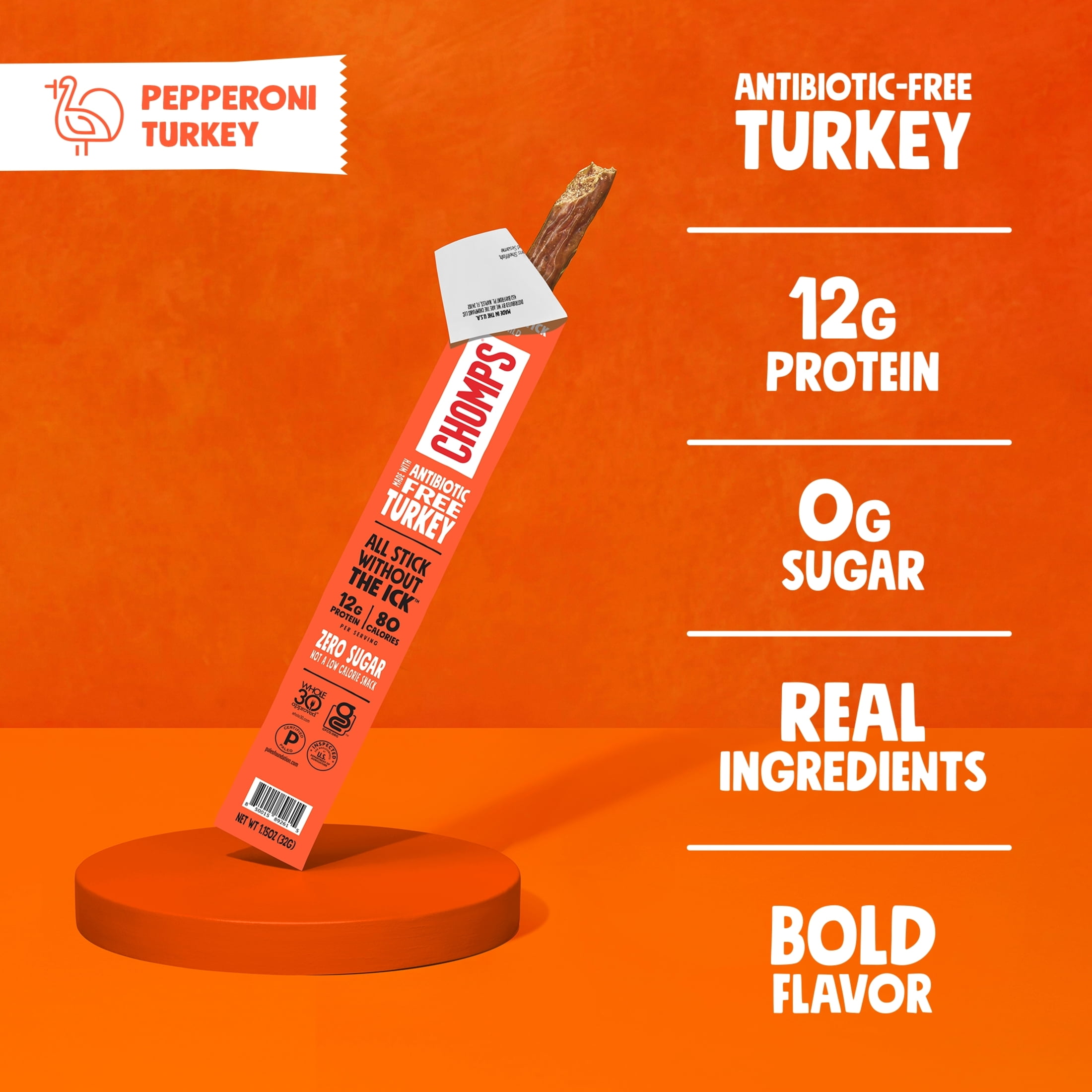 (4 pack) Chomps Antibiotic Free Pepperoni Turkey 8Count, 1.15oz Sticks