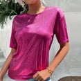 thumbnail image 2 of Fashion Olyvenn Women's Metallic Shiny Top Round Neck Short Sleeve Party Disco Tee Shirt Top Crew Neck Summer Fashion Shirts Hot Pink L, 2 of 9