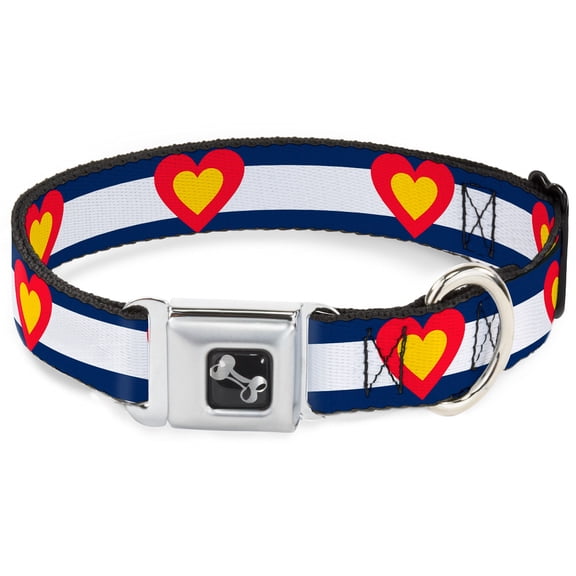 Buckle-Down Pet Collar, Dog Collar Metal Seatbelt Buckle, Colorado Heart Blue White Red Yellow, 9.5 to 13 Inches 1.0 Inch Wide
