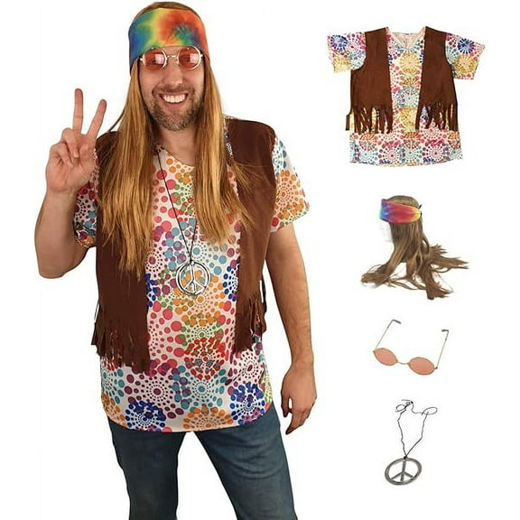 Hippie Costume Wig Set - Wig and Bandana - Necklace - Vest - Shirt - Glasses - Woodstock 1960s Gear