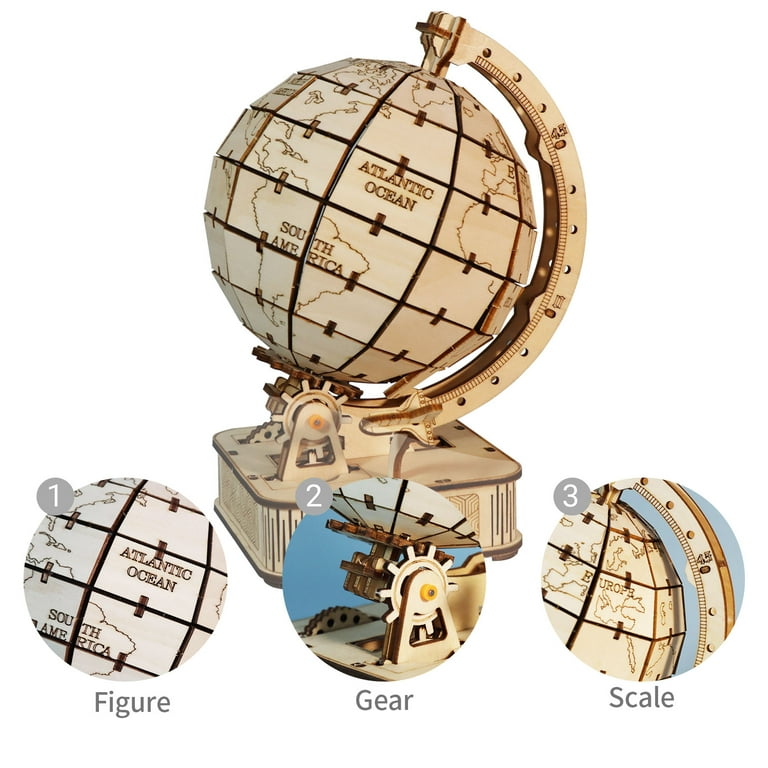 3D Wooden Puzzles Globe Model Kit, 360° Earth Display with