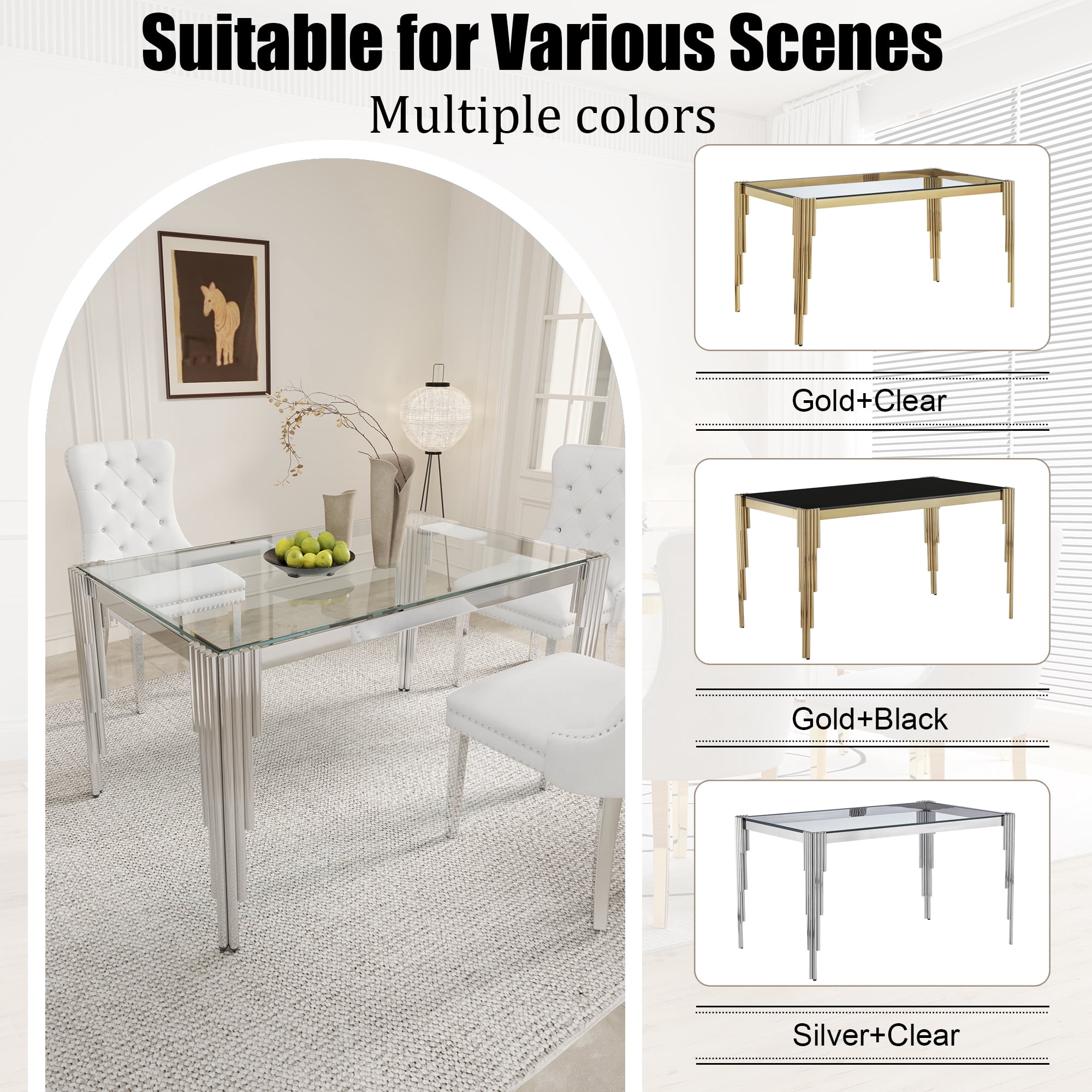 52.7" Rectangular Clear Tempered Glass Dining Table for 4 People, Modern Kitchen Table with Irregular Stainless Steel Legs, Dining Table for Small Space, Apartment Studio, Home Office
