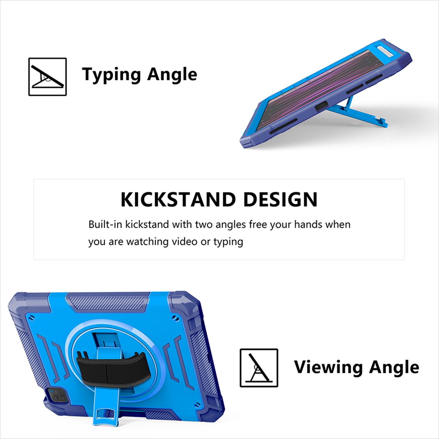 Shockproof Case for Apple iPad Pro 11 Inch 2024 M4, with Pencil Holder Military Grade Protection Rotating Stand Hand Strap Shoulder Strap Bumper Rugged Case for iPad Pro 11" 2024, Blue
