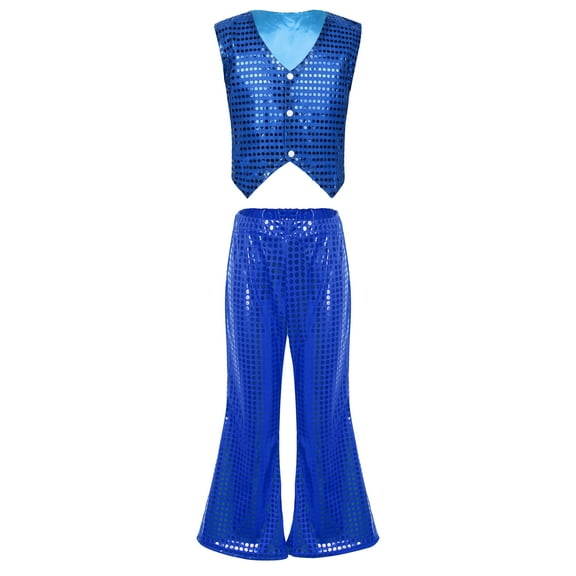 iEFiEL Girls Youth Two-piece Stage Performance Outfit Shiny Sequins Vest with Flare Pants Set Jazz Hip Hop Dancewear Blue 7-8