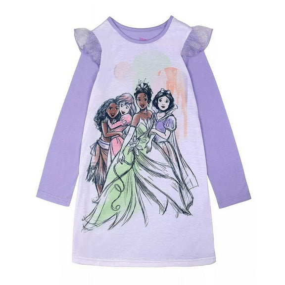 Disney Princess Moana, Ariel, Tiana and Snow White Girl's Purple Nightgown, Gown (Size 6)