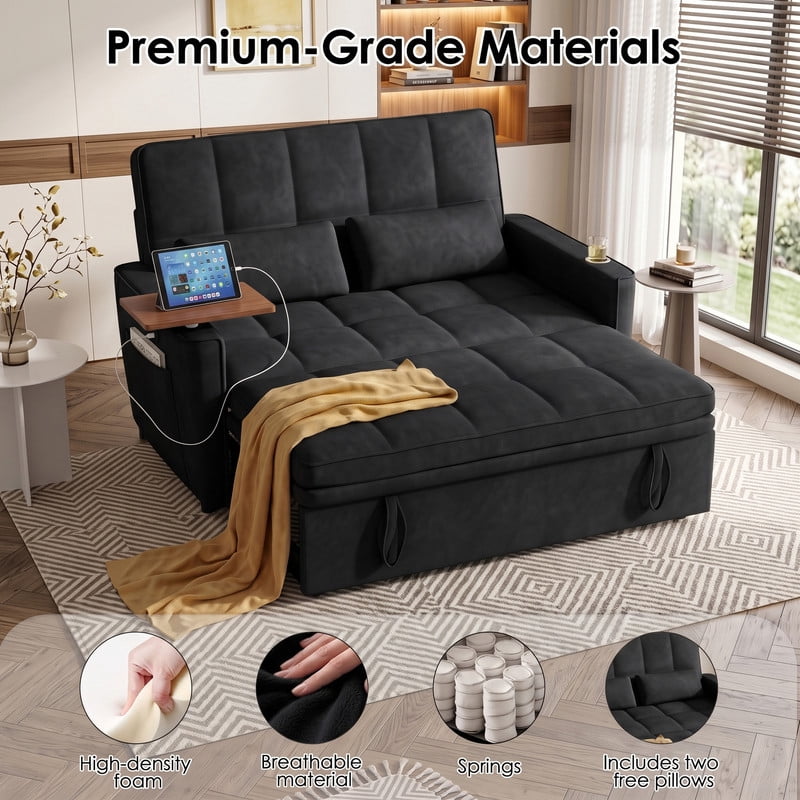 Anpport 3‑in‑1 Convertible Sleeper Sofa Bed, Pull‑Out Sofa with Side Desk, USB Ports, Cup Holders, Storage Armrests & Adjustable Backrest for Living Room Apartment, Black