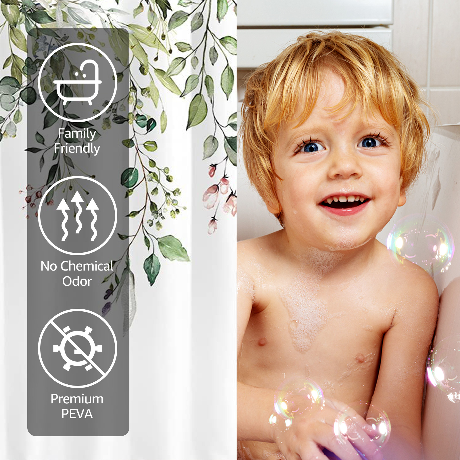Dznils Green Eucalyptus Watercolor Floral Shower Curtain, 72x72" photo 4