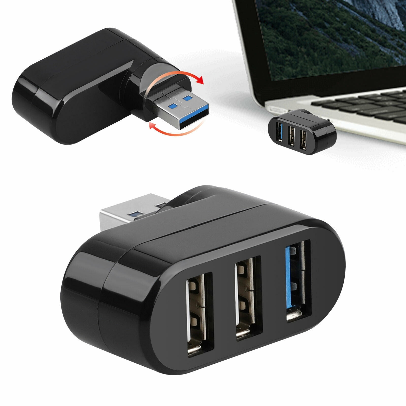 Mini 3 Port USB 2.0 Rotating Splitter Adapter Hub for PC Laptop Notebook Mac New
