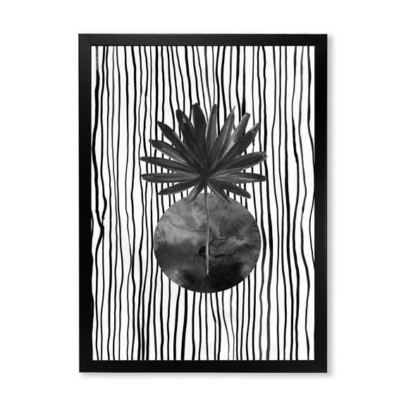Designart 'Black and White Striped Under Tropical Leaf I' Modern Framed Art Print